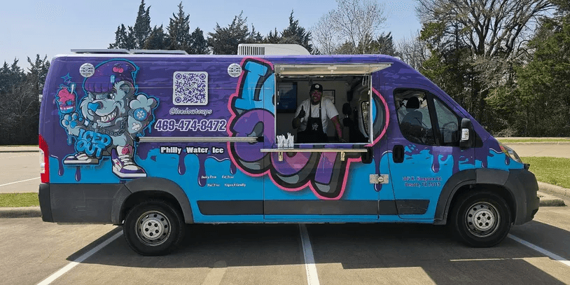 The Iced Out Philly water ice truck with custom purple graffiti wrap